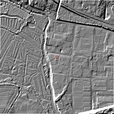 Shaded relief map of the ground around SP27QA, computed from Environment Agency LiDAR. The ground here sits at about 48 m above sea level and falls 9 m across the surrounding 800 m. Surface water reaching this point runs off ground lying to the south, 3.0 m higher.