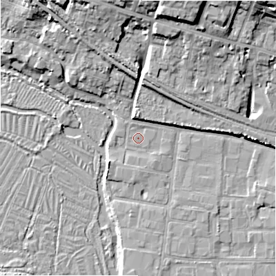 Shaded relief map of the ground around SP27QD, computed from Environment Agency LiDAR. The ground here sits at about 48 m above sea level and falls 17 m across the surrounding 800 m. Surface water reaching this point runs off ground lying to the north-north-west, 0.6 m higher.
