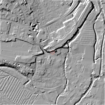 Shaded relief map of the ground around SP27QT, computed from Environment Agency LiDAR. The ground here sits at about 47 m above sea level and falls 13 m across the surrounding 800 m. Surface water reaching this point runs off ground lying to the west-north-west, 6.4 m higher.