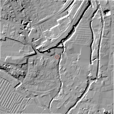 Shaded relief map of the ground around SP27QY, computed from Environment Agency LiDAR. The ground here sits at about 47 m above sea level and falls 12 m across the surrounding 800 m. Surface water reaching this point runs off ground lying to the west-north-west, 7.7 m higher.
