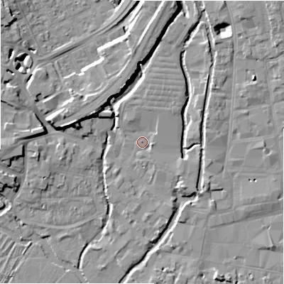 Shaded relief map of the ground around SP27RA, computed from Environment Agency LiDAR. The ground here sits at about 47 m above sea level and falls 10 m across the surrounding 800 m. Surface water reaching this point runs off ground lying to the north-north-east, 3.8 m higher.