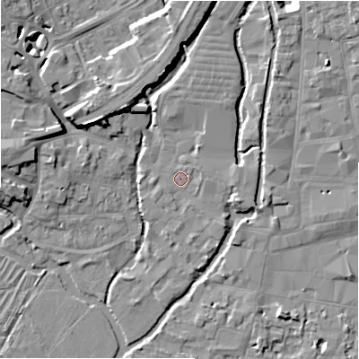 Shaded relief map of the ground around SP27RB, computed from Environment Agency LiDAR. The ground here sits at about 47 m above sea level and falls 9 m across the surrounding 800 m. Surface water reaching this point runs off ground lying to the east, 1.2 m higher.
