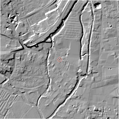 Shaded relief map of the ground around SP27RF, computed from Environment Agency LiDAR. The ground here sits at about 47 m above sea level and falls 10 m across the surrounding 800 m. Surface water reaching this point runs off ground lying to the north, 7.0 m higher.