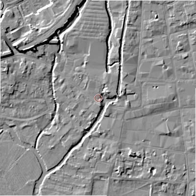 Shaded relief map of the ground around SP27RG, computed from Environment Agency LiDAR. The ground here sits at about 47 m above sea level and falls 9 m across the surrounding 800 m. Surface water reaching this point runs off ground lying to the east-north-east, 3.3 m higher.