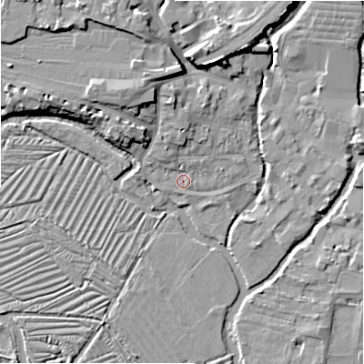 Shaded relief map of the ground around SP27RZ, computed from Environment Agency LiDAR. The ground here sits at about 46 m above sea level and falls 9 m across the surrounding 800 m. Surface water reaching this point runs off ground lying to the north, 3.2 m higher.