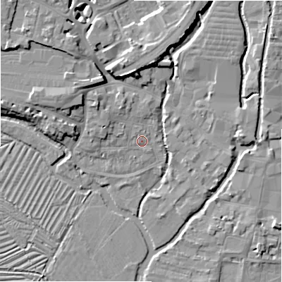 Shaded relief map of the ground around SP27SA, computed from Environment Agency LiDAR. The ground here sits at about 47 m above sea level and falls 9 m across the surrounding 800 m. Surface water reaching this point runs off ground lying to the north-west, 1.4 m higher.