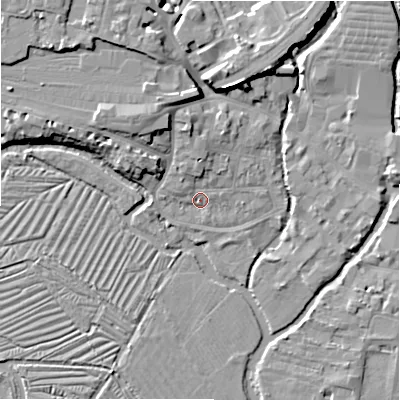 Shaded relief map of the ground around SP27SD, computed from Environment Agency LiDAR. The ground here sits at about 47 m above sea level and falls 9 m across the surrounding 800 m. Surface water reaching this point runs off ground lying to the north, 2.8 m higher.