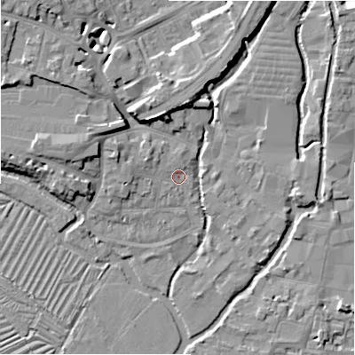 Shaded relief map of the ground around SP27SF, computed from Environment Agency LiDAR. The ground here sits at about 47 m above sea level and falls 10 m across the surrounding 800 m. Surface water reaching this point runs off ground lying to the west-north-west, 2.4 m higher.