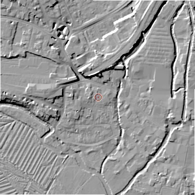 Shaded relief map of the ground around SP27SG, computed from Environment Agency LiDAR. The ground here sits at about 48 m above sea level and falls 11 m across the surrounding 800 m. Surface water reaching this point runs off ground lying to the west-south-west, 1.0 m higher.