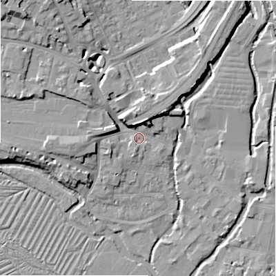 Shaded relief map of the ground around SP27SP, computed from Environment Agency LiDAR. The ground here sits at about 47 m above sea level and falls 13 m across the surrounding 800 m. Surface water reaching this point runs off ground lying to the north-west, 6.4 m higher.