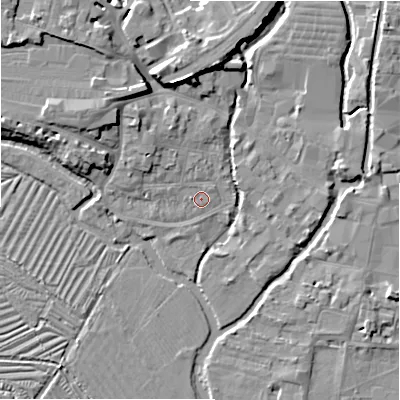 Shaded relief map of the ground around SP27SR, computed from Environment Agency LiDAR. The ground here sits at about 46 m above sea level and falls 9 m across the surrounding 800 m. Surface water reaching this point runs off ground lying to the west, 0.9 m higher.