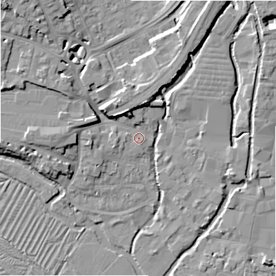 Shaded relief map of the ground around SP27ST, computed from Environment Agency LiDAR. The ground here sits at about 47 m above sea level and falls 13 m across the surrounding 800 m. Surface water reaching this point runs off ground lying to the north-west, 6.6 m higher.