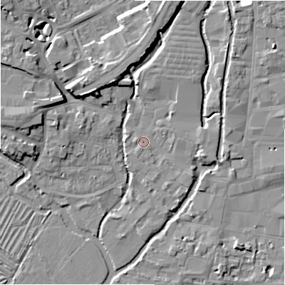 Shaded relief map of the ground around SP27SU, computed from Environment Agency LiDAR. The ground here sits at about 46 m above sea level and falls 10 m across the surrounding 800 m. Surface water reaching this point runs off ground lying to the north, 6.7 m higher.