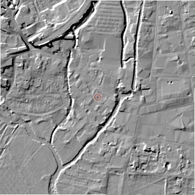 Shaded relief map of the ground around SP27SX, computed from Environment Agency LiDAR. The ground here sits at about 47 m above sea level and falls 9 m across the surrounding 800 m. Surface water reaching this point runs off ground lying to the east, 0.8 m higher.