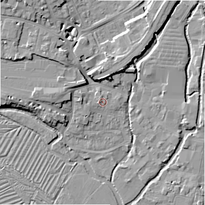 Shaded relief map of the ground around SP27TA, computed from Environment Agency LiDAR. The ground here sits at about 48 m above sea level and falls 11 m across the surrounding 800 m. Surface water reaching this point runs off ground lying to the west, 1.1 m higher.