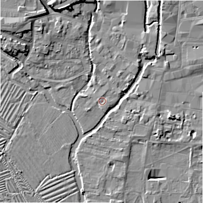 Shaded relief map of the ground around SP27TD, computed from Environment Agency LiDAR. The ground here sits at about 46 m above sea level and falls 11 m across the surrounding 800 m. Surface water reaching this point runs off ground lying to the north-north-east, 1.0 m higher.