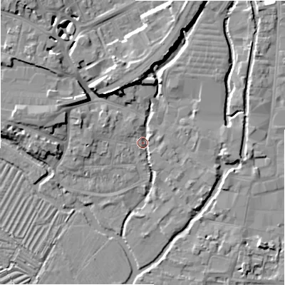 Shaded relief map of the ground around SP27TE, computed from Environment Agency LiDAR. The ground here sits at about 46 m above sea level and falls 10 m across the surrounding 800 m. Surface water reaching this point runs off ground lying to the north-west, 7.7 m higher.