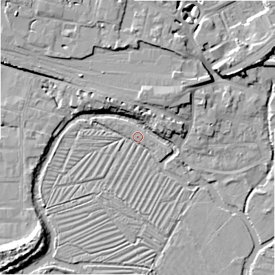 Shaded relief map of the ground around SP27TG, computed from Environment Agency LiDAR. The ground here sits at about 46 m above sea level and falls 10 m across the surrounding 800 m. Surface water reaching this point runs off ground lying to the south-west, 2.0 m higher.