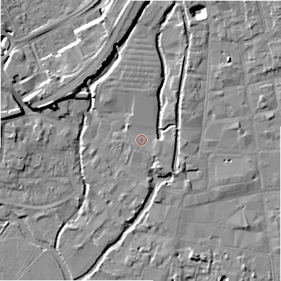 Shaded relief map of the ground around SP27TL, computed from Environment Agency LiDAR. The ground here sits at about 47 m above sea level and falls 9 m across the surrounding 800 m. Surface water reaching this point runs off ground lying to the north-north-east, 3.6 m higher.