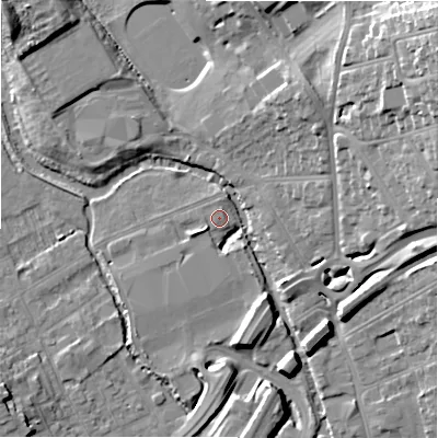 Shaded relief map of the ground around SP27TN, computed from Environment Agency LiDAR. The ground here sits at about 49 m above sea level and falls 24 m across the surrounding 800 m. Surface water reaching this point runs off ground lying to the south-west, 1.2 m higher.