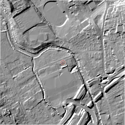 Shaded relief map of the ground around SP27TP, computed from Environment Agency LiDAR. The ground here sits at about 49 m above sea level and falls 22 m across the surrounding 800 m. Surface water reaching this point runs off ground lying to the south-south-east, 2.0 m higher.