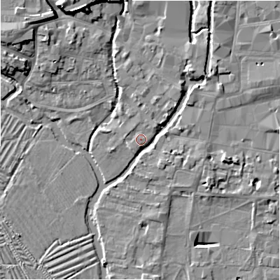 Shaded relief map of the ground around SP27TQ, computed from Environment Agency LiDAR. The ground here sits at about 47 m above sea level and falls 11 m across the surrounding 800 m. Surface water reaching this point runs off ground lying to the north-north-west, 0.6 m higher.