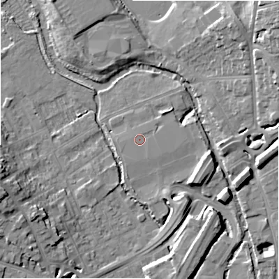 Shaded relief map of the ground around SP27TS, computed from Environment Agency LiDAR. The ground here sits at about 49 m above sea level and falls 19 m across the surrounding 800 m. The ground contributing surface water to this point lies to the north-north-east.