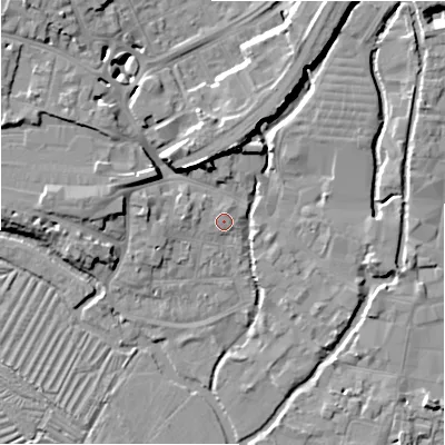 Shaded relief map of the ground around SP27TT, computed from Environment Agency LiDAR. The ground here sits at about 47 m above sea level and falls 12 m across the surrounding 800 m. Surface water reaching this point runs off ground lying to the north, 1.0 m higher.