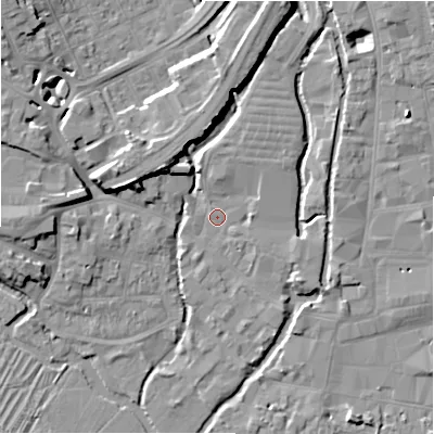 Shaded relief map of the ground around SP27TU, computed from Environment Agency LiDAR. The ground here sits at about 47 m above sea level and falls 11 m across the surrounding 800 m. Surface water reaching this point runs off ground lying to the north-north-east, 3.8 m higher.