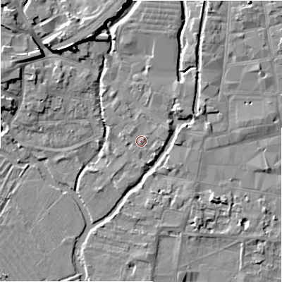 Shaded relief map of the ground around SP27TW, computed from Environment Agency LiDAR. The ground here sits at about 47 m above sea level and falls 9 m across the surrounding 800 m. Surface water reaching this point runs off ground lying to the north-east, 0.9 m higher.