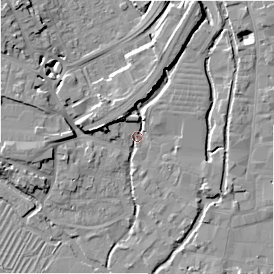 Shaded relief map of the ground around SP27TY, computed from Environment Agency LiDAR. The ground here sits at about 47 m above sea level and falls 12 m across the surrounding 800 m. Surface water reaching this point runs off ground lying to the west, 7.7 m higher.