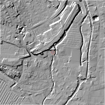 Shaded relief map of the ground around SP27UT, computed from Environment Agency LiDAR. The ground here sits at about 47 m above sea level and falls 13 m across the surrounding 800 m. Surface water reaching this point runs off ground lying to the west, 2.1 m higher.