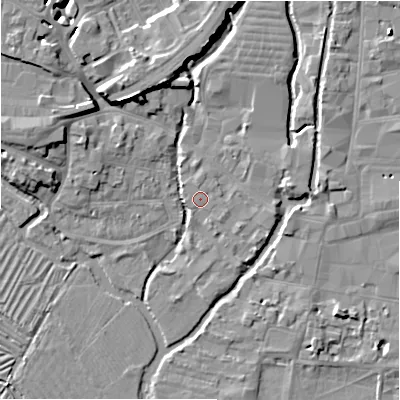 Shaded relief map of the ground around SP27UX, computed from Environment Agency LiDAR. The ground here sits at about 47 m above sea level and falls 9 m across the surrounding 800 m. Surface water reaching this point runs off ground lying to the north-north-west, 0.7 m higher.