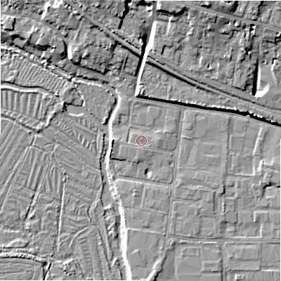 Shaded relief map of the ground around SP27YR, computed from Environment Agency LiDAR. The ground here sits at about 48 m above sea level and falls 13 m across the surrounding 800 m. Surface water reaching this point runs off ground lying to the south-south-east, 0.5 m higher.