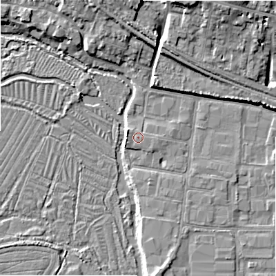 Shaded relief map of the ground around SP27YS, computed from Environment Agency LiDAR. The ground here sits at about 49 m above sea level and falls 12 m across the surrounding 800 m. Surface water reaching this point runs off ground lying to the east, 0.8 m higher.