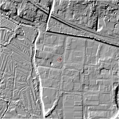 Shaded relief map of the ground around SP27YW, computed from Environment Agency LiDAR. The ground here sits at about 48 m above sea level and falls 11 m across the surrounding 800 m. Surface water reaching this point runs off ground lying to the east-south-east, 0.9 m higher.