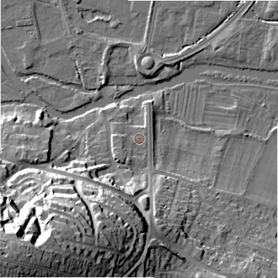 Shaded relief map of the ground around SP28AA, computed from Environment Agency LiDAR. The ground here sits at about 48 m above sea level and falls 49 m across the surrounding 800 m. Surface water reaching this point runs off ground lying to the south-south-west, 34.9 m higher.