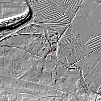 Shaded relief map of the ground around SP28EU, computed from Environment Agency LiDAR. The ground here sits at about 46 m above sea level and falls 11 m across the surrounding 800 m. Surface water reaching this point runs off ground lying to the west-north-west, 3.1 m higher.