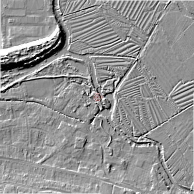 Shaded relief map of the ground around SP28EX, computed from Environment Agency LiDAR. The ground here sits at about 46 m above sea level and falls 11 m across the surrounding 800 m. Surface water reaching this point runs off ground lying to the west-north-west, 9.1 m higher.