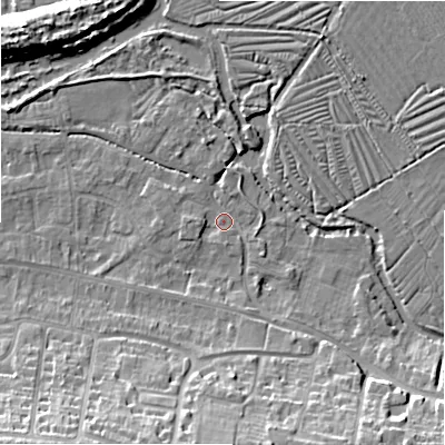 Shaded relief map of the ground around SP28EY, computed from Environment Agency LiDAR. The ground here sits at about 46 m above sea level and falls 14 m across the surrounding 800 m. Surface water reaching this point runs off ground lying to the south, 2.1 m higher.
