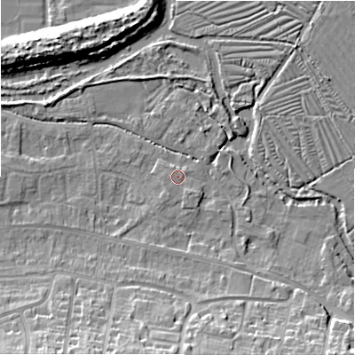 Shaded relief map of the ground around SP28FA, computed from Environment Agency LiDAR. The ground here sits at about 47 m above sea level and falls 12 m across the surrounding 800 m. Surface water reaching this point runs off ground lying to the south-east, 1.0 m higher.