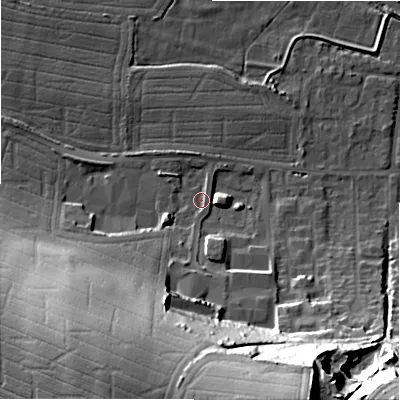 Shaded relief map of the ground around SP28FR, computed from Environment Agency LiDAR. The ground here sits at about 48 m above sea level and falls 48 m across the surrounding 800 m. Surface water reaching this point runs off ground lying to the south, 40.8 m higher.