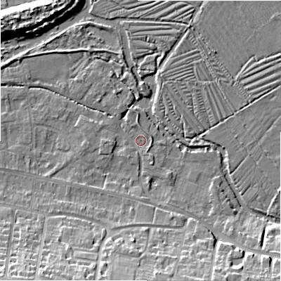Shaded relief map of the ground around SP28HA, computed from Environment Agency LiDAR. The ground here sits at about 46 m above sea level and falls 13 m across the surrounding 800 m. Surface water reaching this point runs off ground lying to the south-south-west, 2.1 m higher.