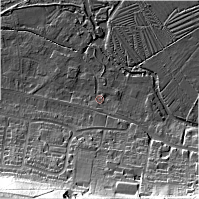 Shaded relief map of the ground around SP28HB, computed from Environment Agency LiDAR. The ground here sits at about 47 m above sea level and falls 44 m across the surrounding 800 m. Surface water reaching this point runs off ground lying to the west-south-west, 1.9 m higher.