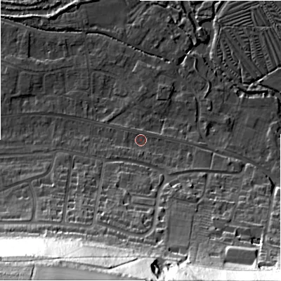 Shaded relief map of the ground around SP28HD, computed from Environment Agency LiDAR. The ground here sits at about 47 m above sea level and falls 50 m across the surrounding 800 m. Surface water reaching this point runs off ground lying to the south-east, 2.5 m higher.