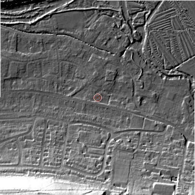 Shaded relief map of the ground around SP28HE, computed from Environment Agency LiDAR. The ground here sits at about 47 m above sea level and falls 43 m across the surrounding 800 m. Surface water reaching this point runs off ground lying to the south-south-west, 0.7 m higher.