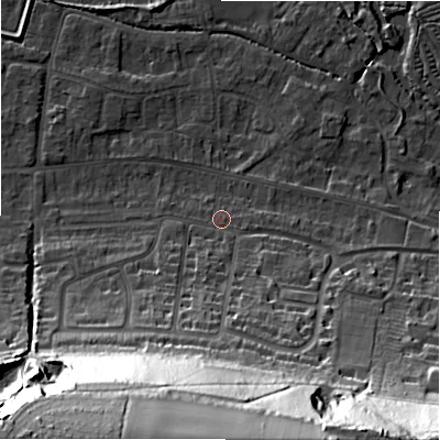 Shaded relief map of the ground around SP28HF, computed from Environment Agency LiDAR. The ground here sits at about 48 m above sea level and falls 53 m across the surrounding 800 m. Surface water reaching this point runs off ground lying to the south, 49.9 m higher.