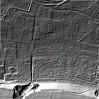 Shaded relief map of the ground around SP28HG, computed from Environment Agency LiDAR. The ground here sits at about 47 m above sea level and falls 50 m across the surrounding 800 m. Surface water reaching this point runs off ground lying to the south, 48.8 m higher.