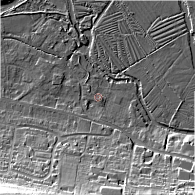 Shaded relief map of the ground around SP28JB, computed from Environment Agency LiDAR. The ground here sits at about 46 m above sea level and falls 34 m across the surrounding 800 m. Surface water reaching this point runs off ground lying to the south-south-west, 4.1 m higher.