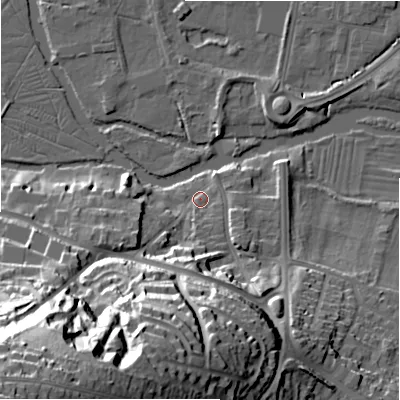 Shaded relief map of the ground around SP28JG, computed from Environment Agency LiDAR. The ground here sits at about 47 m above sea level and falls 54 m across the surrounding 800 m. Surface water reaching this point runs off ground lying to the south, 3.6 m higher.
